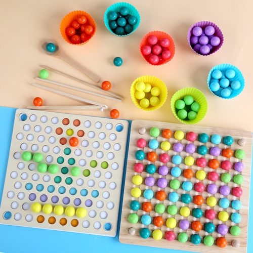 2 Az 1 Ben- Montessori  Szivárvány Színű Gyöngyök Oktató Játék Clip Beads Készségfejlesztő Fajáték