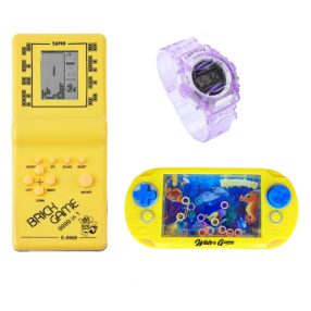   Nagy Méretű 3 Db-os Retro Játék Szett Tetrisszel, Vízi Karikás Türelemjátékkal És Gyermek Karórával