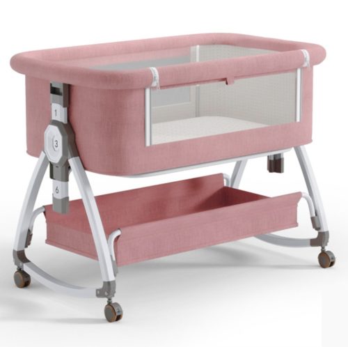 összecsukható kiságy, 6 állítható pozíció, dönthető, zárrendszer, rovarháló, tárolókosár, kerekek fékekkel, rózsaszín