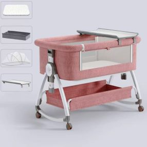   összecsukható kiságy, 6 állítható pozíció, dönthető, zárrendszer, rovarháló, tárolókosár, kerekek fékekkel, rózsaszín